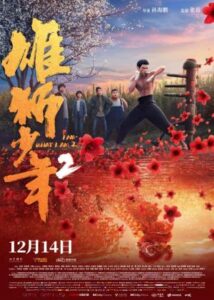Cartel de la película con un joven luchador y danza del león