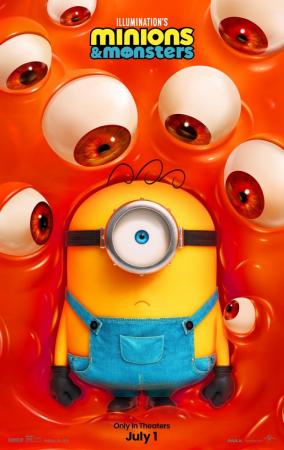 Cartel de Minions & Monsters con los personajes amarillos y un fondo cinematográfico.