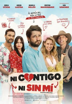 Cartel de la película de comedia romántica con personajes en la playa.