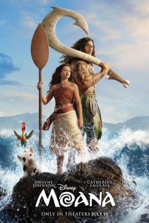 Póster de la película Vaiana con paisajes coloridos y personajes principales.