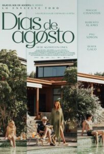 Escena de un dramático verano en la playa con personajes en tensión.