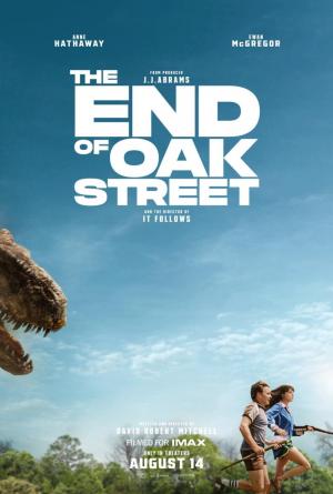 Cartel de la película con dinosaurios y una familia en un suburbio.