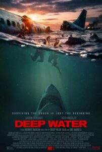 Cartel de la película con un avión sobre el océano y tiburones al acecho.