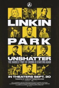 Cartel del documental de Linkin Park mostrando a la banda en acción.