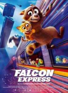 Un grupo de mascotas animadas en un tren de alta velocidad.