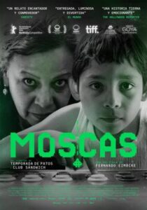 Cartel de la película Moscas con una mujer y un niño en un entorno urbano.