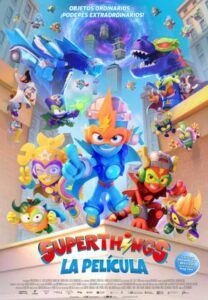 Cartel de Superthings con personajes coloridos y acción